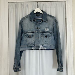 Cropped distressed denim jacket